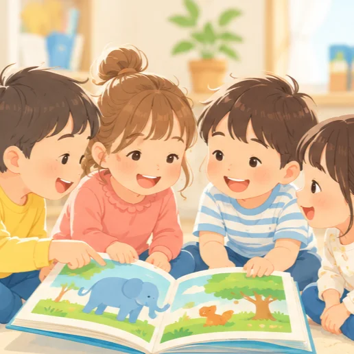 英語の絵本を囲んで話す子どもたちのイラスト