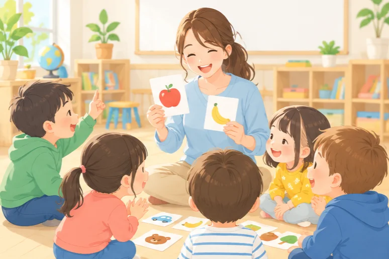 先生と子どもたちが輪になってカードゲームをしているイラスト